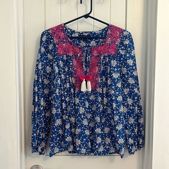 J. Crew Embroidered Peasant Blouse Blue Floral, Pink, Tassels, Size Small - Picture 2 of 10